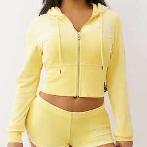 TRUE RELIGION VELOUR CRYSTAL ZIP HOODIE / Lemon Drop / XL Yellow & Silver / NEW